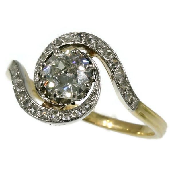 Tourbillon (twirled) Victorian engagement ring with big cushion cut diamond